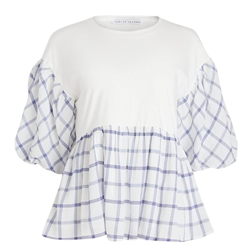 English Factory White and Blue Blouson Sleeves Boho Peasant Hippie Women's Small